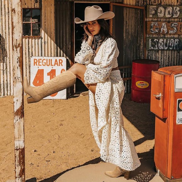 Women Khaki Suede Western Knee High Side Zipper Pointed Toe Block Heel Boot - Picture 3 of 6